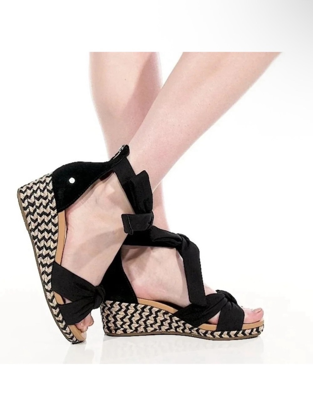 UGG Yarrow Black Espadrille Wedge Sandals with Ankle Tie NWOT